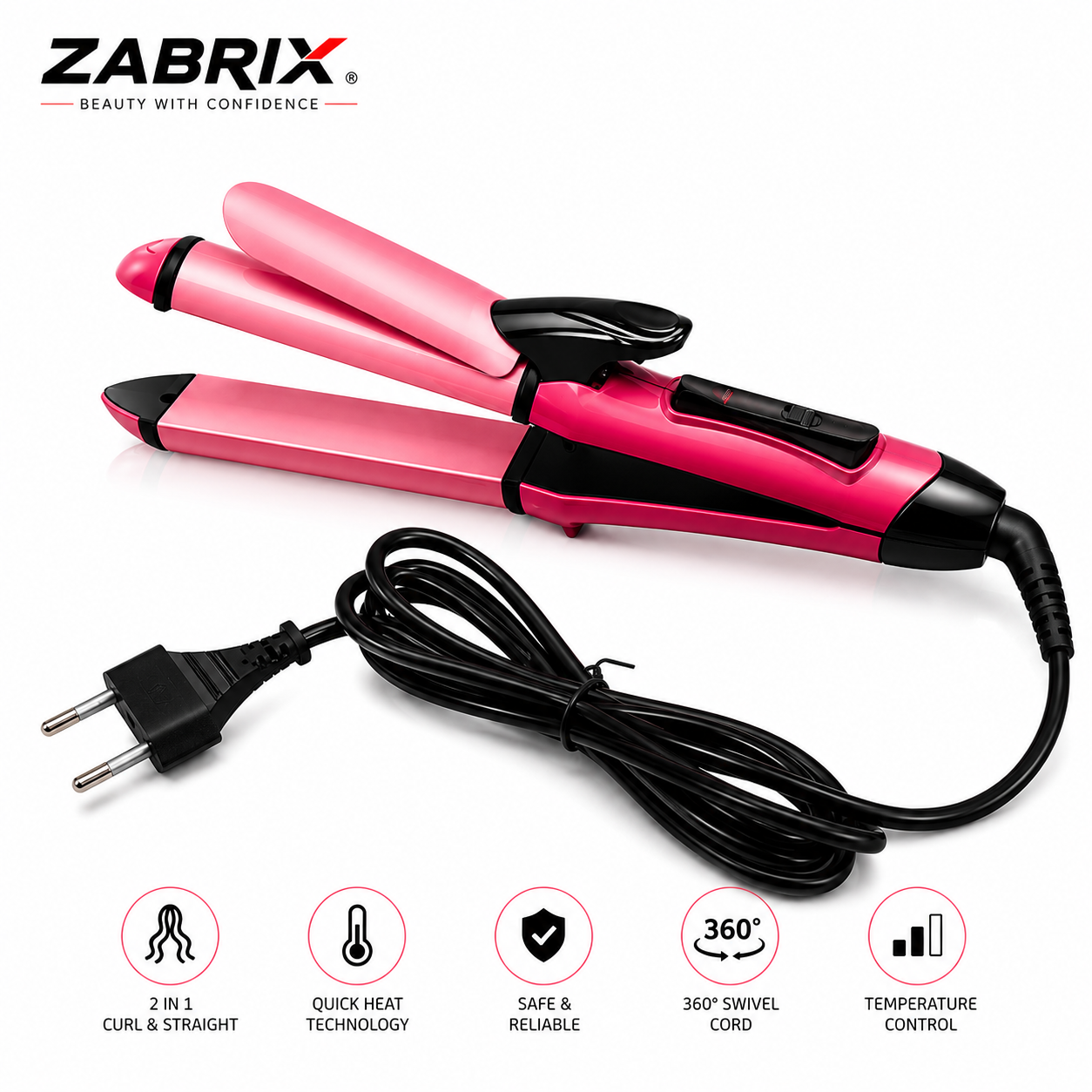 ZABRIX Original 2-in-1 Hair Straightener & Curler – Professional Ceramic Hair Styler with Fast Heat Technology | Salon-Quality Straightening & Curling Tool