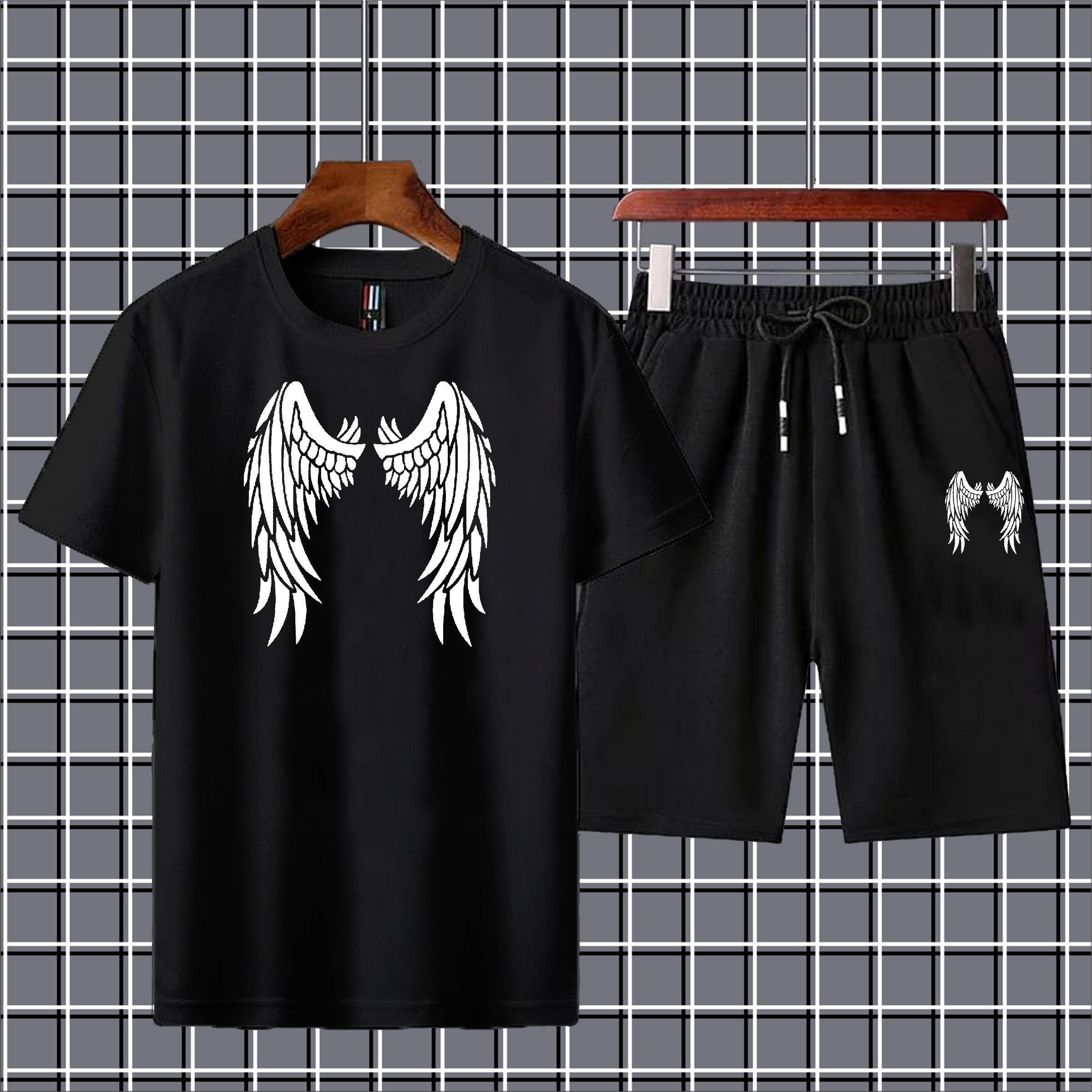 Eagle wings  Printed Shorts + T Shirts Set for Boys Tracksuit For Mens Summer Tracksuit-Black