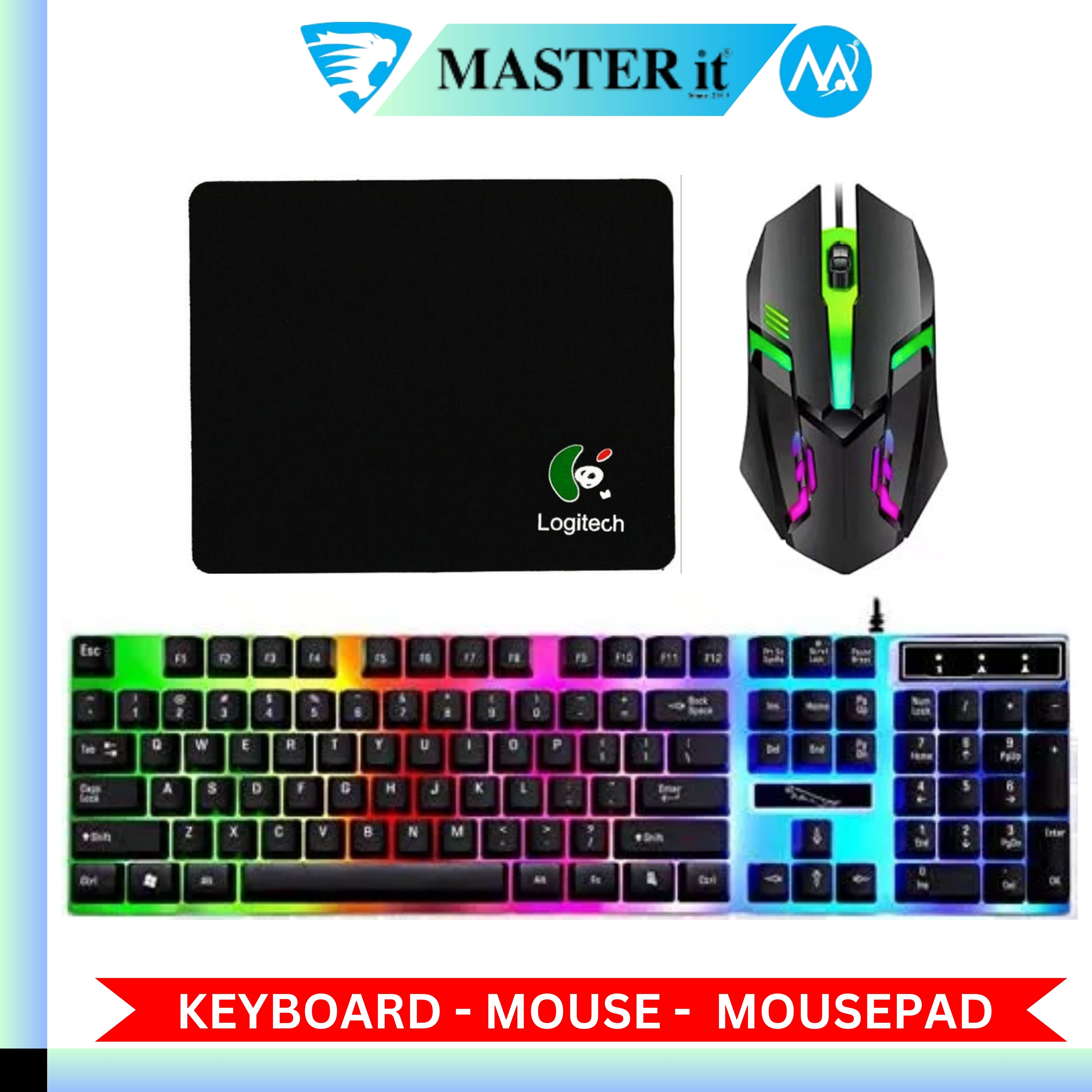 RGB Gaming Keyboard & Mouse Combo - 7 Colour Wired RGB Mouse and Keyboard Set - USB Wired Pack For PC & Laptop - Black & White