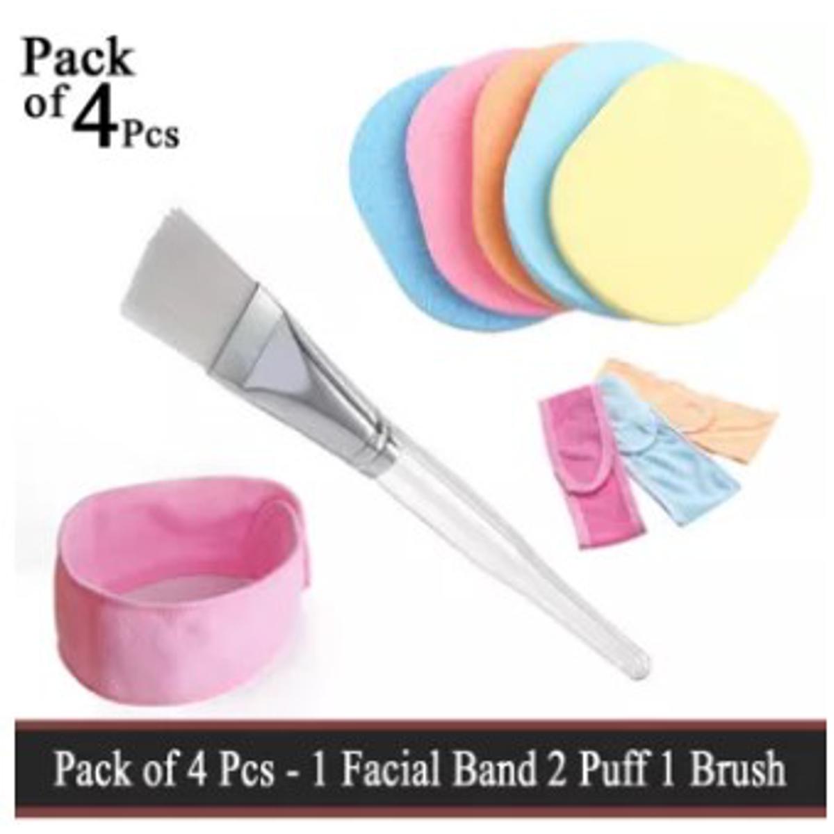 Pack of 4 Pcs - 1 Facial Hair Band 2 Sponge Puff 1 Facial Mixing Brush - Facial Face Wash Cleansing Sponge Puff Pad Makeup Remover Puff