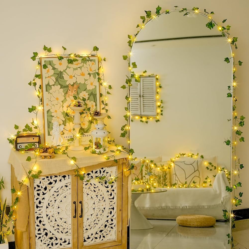 Artificial Plant Leaves Bail with 10 ft Fairy Lights Battery Operated - Money Plant Bail for Room Decoration, Wall Hanging Flower Lights
