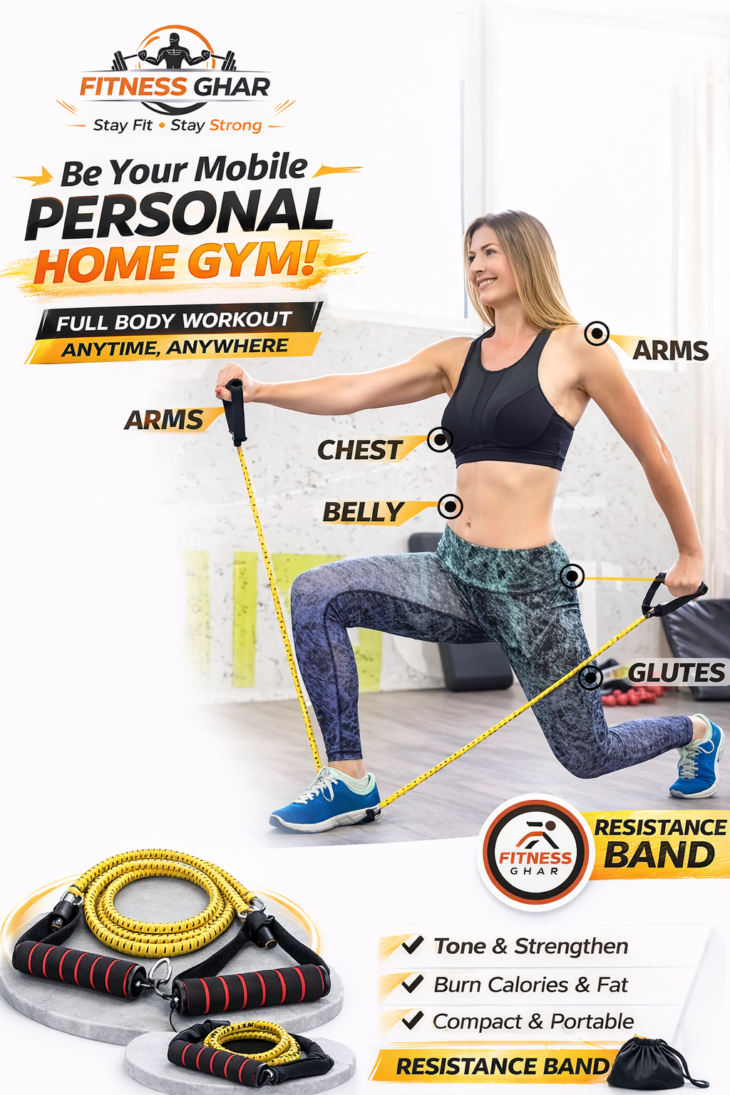 High Resistance Band with Handles – Fabric Elastic Pull Rope for Home Workout, Gym, Yoga & Strength Training for Male and Female, Made In Pakistan