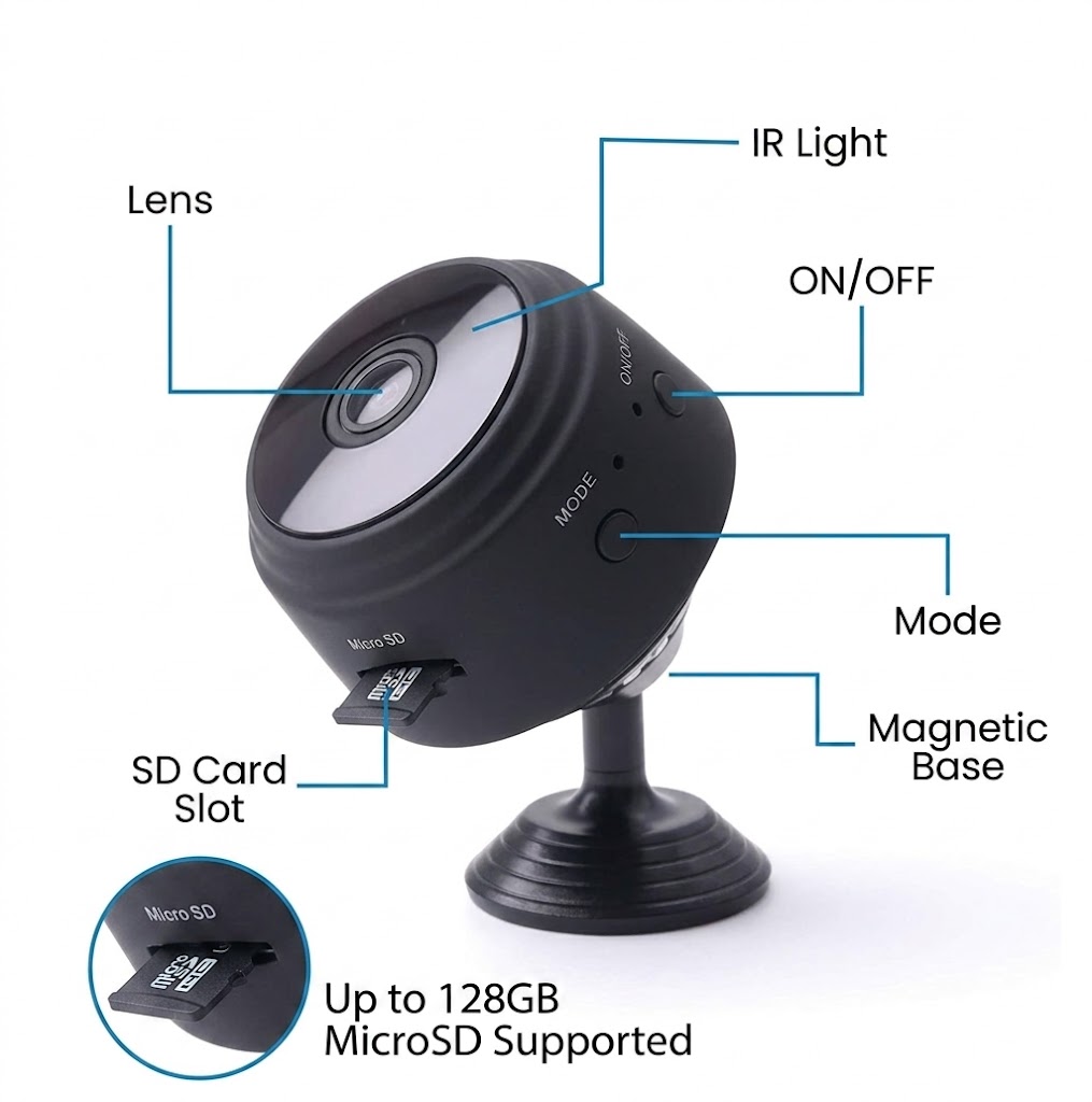 A9 Mini WiFi Camera HD 1080P | Rechargeable stand by only ( 2-3 hours ) Wireless Home Security Camera | Night Vision | Motion Detection | Magnetic 360° Camera | Mobile App Remote View | Voice Recording Supported