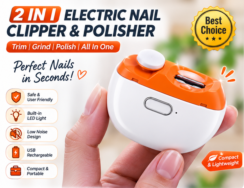 USB Rechargeable Electric Nail Clipper 2 in 1 Automatic Nail Trimmer and Polisher with LED Light Low Noise Two Speed Nail Grinder Built-in Nail Clipping Storage Portable Safe Nail Care Tool for Babies Kids Adults Elderly Home Use