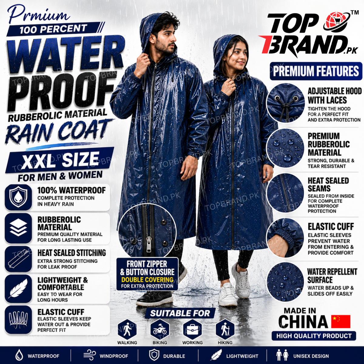 Rubberolic PVC Rain Coat XXL for Men & Women | Long Unisex Raincoat with Hood, Zip & Button Closure | Made in China | Premium 100% Waterproof