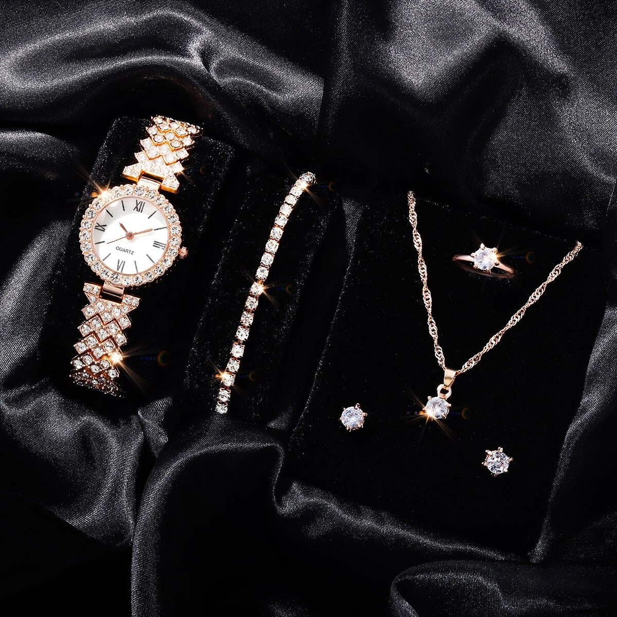 Jewellery For Women Girls Women's Fashion Trend Luxury Rhinestone Roman Quartz Watch Rhinestone Necklace Ring Bracelet Best for Gift
