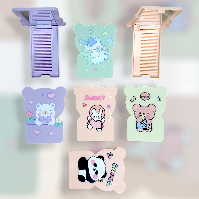 Imported Bear Shape Small Portable Pocket makeup mirror with pocket-sized comb printed with cute plastic cartoons for school girls office women - travel party small mirror hair comb - Perfect Birthday Gift