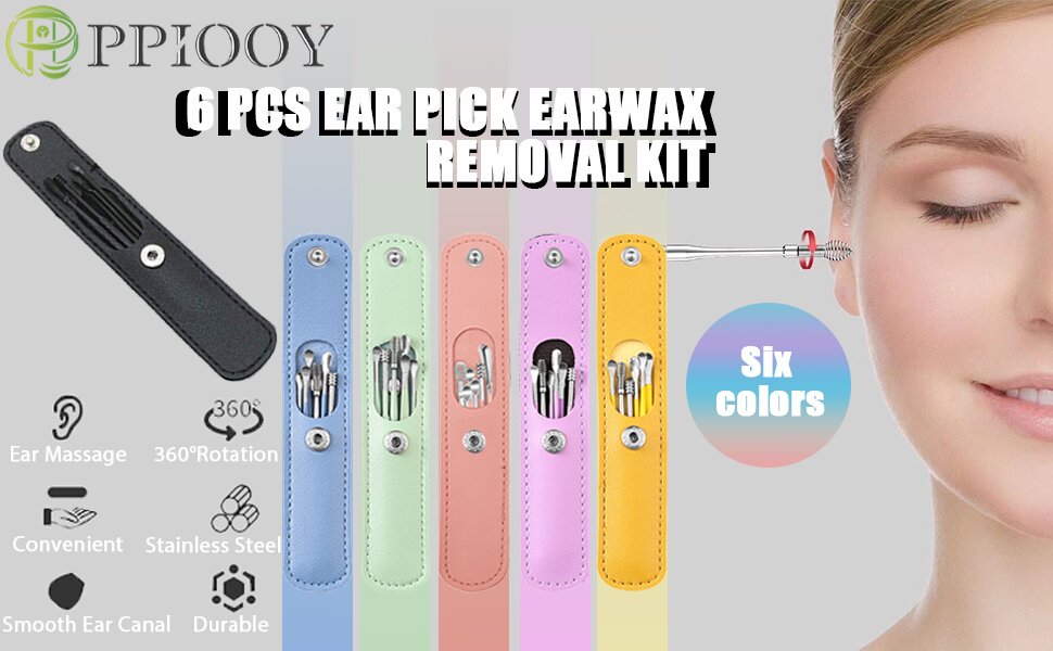 Ear Wax Cleaning Kit, 6 Pcs Ear Pick Tools, Wax Removal Kit, Ear Cleaning Tool Set, Spring Earwax Cleaner Tool for Children and Adult Multicolor