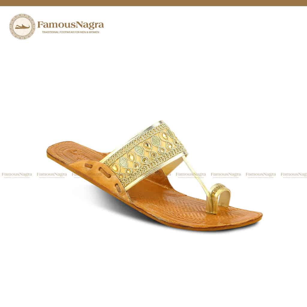 Kholhapuri Chapppal - Ladies - Embroided - Silver - Golden - Leather Insole - Tyre Outsole - Genuine Leather - Art F-65