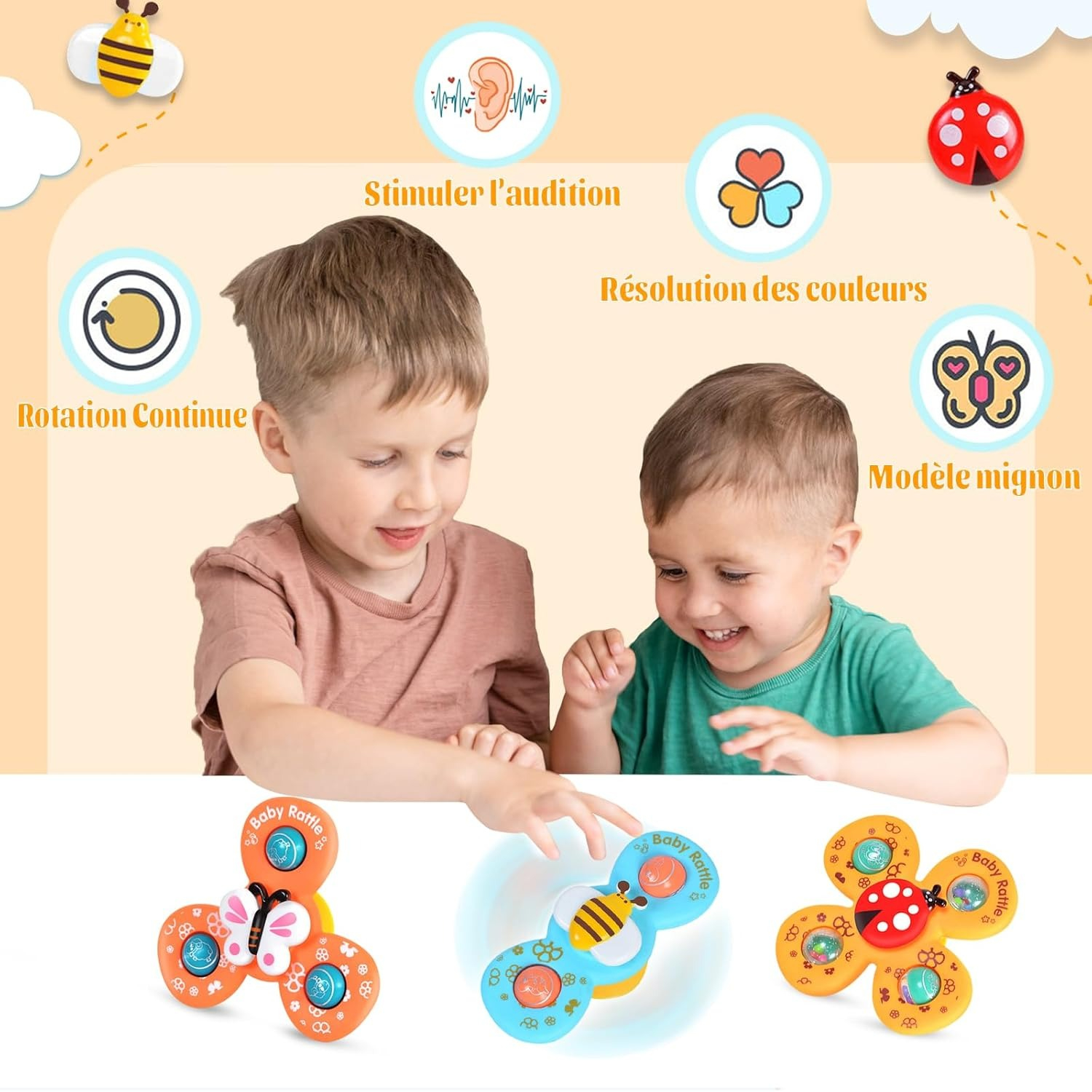 3pcs Baby Rattles Set with Suction Cup Spinner Toy for On-the-Go Fun deal for Travel, Dining Table, and Bathroom Use