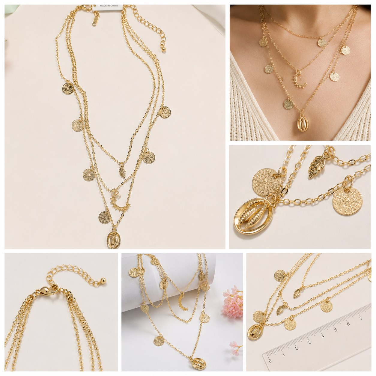 Golden Multi-layered Necklace Featuring Sun Shaped Necklace Gift For Girls Triple Layered Chain With Charms