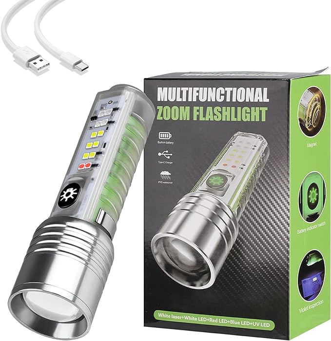 Multifunctional Zoomable Flashlight Torches LED Super Bright Rechargeable High Lumens Long Range Flash Light 8 Modes Tactical Flashlight with Fluorescent Shell, Portable Hand Torch for Emergencies, Camping, Hiking