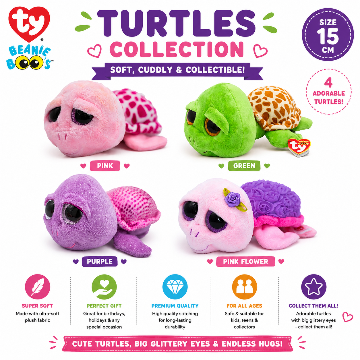 TY Beanie Boos Turtles Plush Toy 15cm Soft Stuffed Sea Turtle Doll with Glitter Eyes for Kids & Collectors