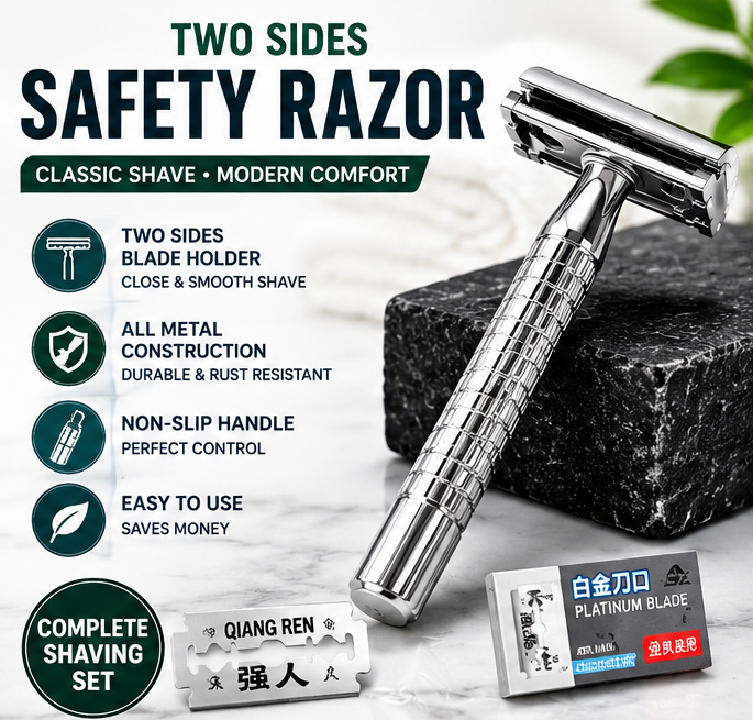 Qiang Ren Double Edge Safety Razor for Men & Women, Stainless Steel Reusable Manual Shaving Razor with 1 Premium Double Edge Blade, Classic Wet Shave Grooming Tool, Durable Anti-Slip Handle, Smooth & Comfortable Daily Beard & Body Hair Removal