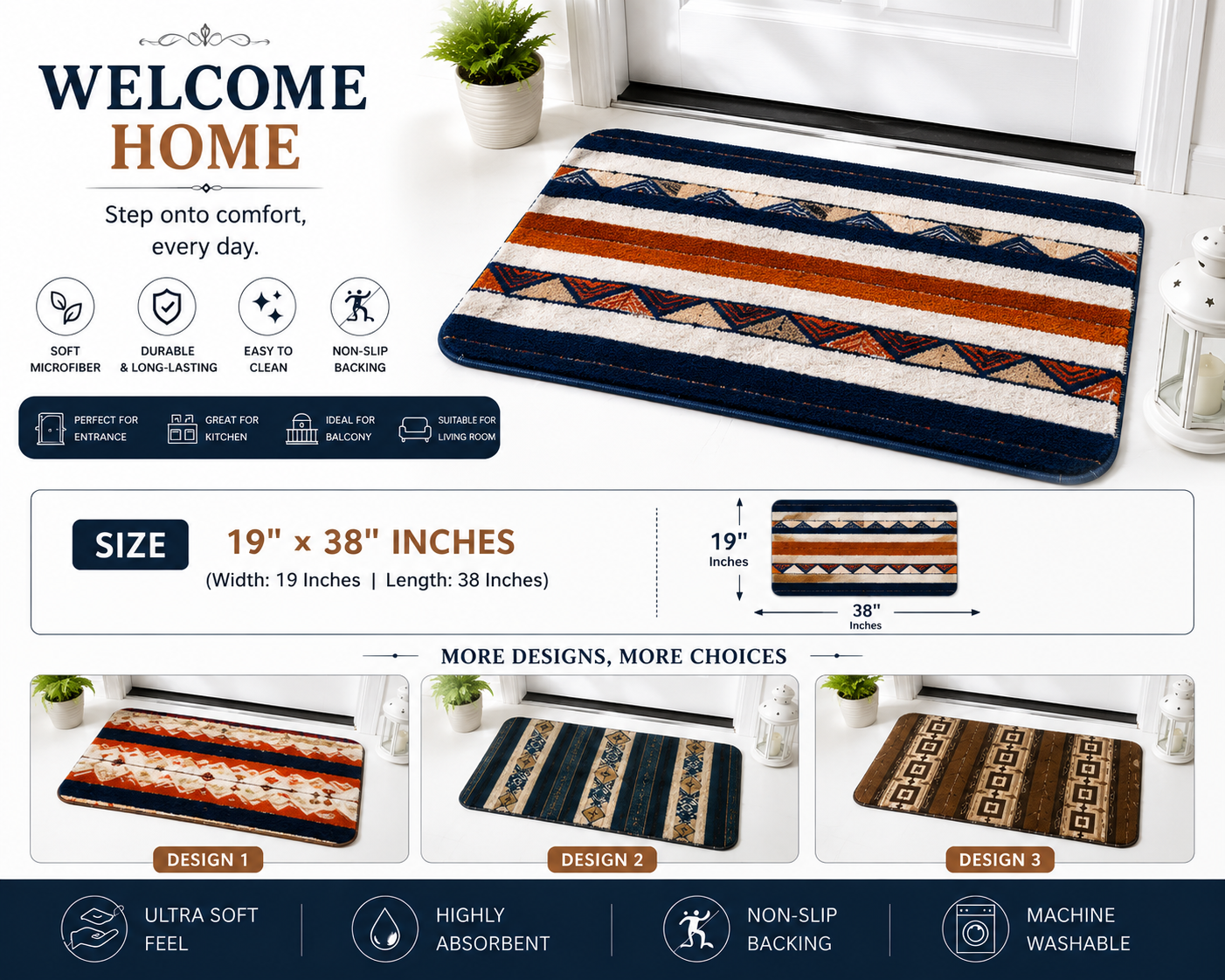 Premium Microfiber Floor Mat 19 x 38 Inches | Soft Non-Slip Door Mat for Home Entrance, Kitchen, Balcony & Living Room | Absorbent Washable Welcome Floor Rug | Multicolor Design