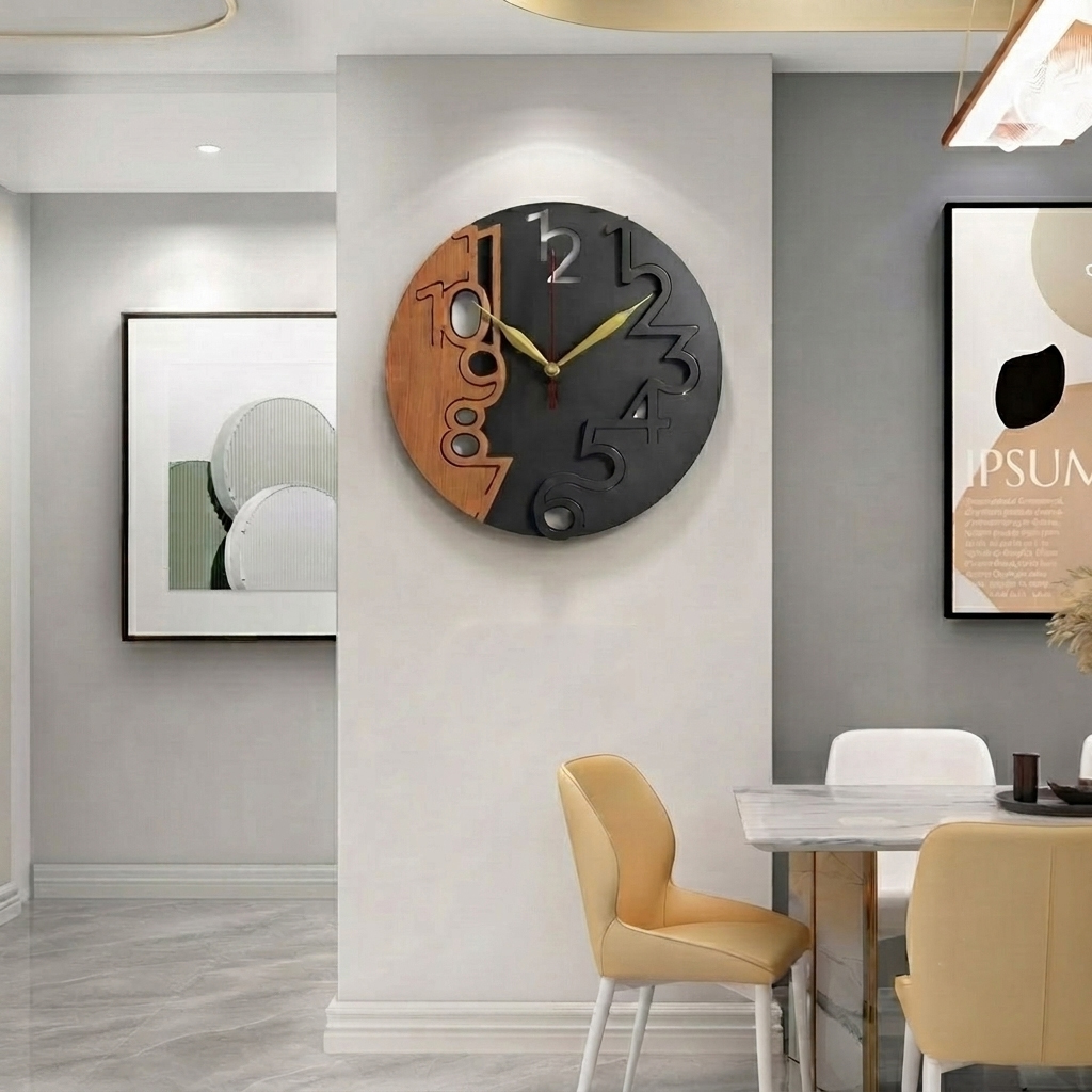 Al Noor Traders Brand 3D Wooden 10.5 by 10.5 inch Round Wooden Brown & Black And More Creative wall clock With Light And whitout Light wall clock | CLocks | Wall DEcoration items | DECRative items  | Home Decoration Items - CLOCKS FOR ROOM