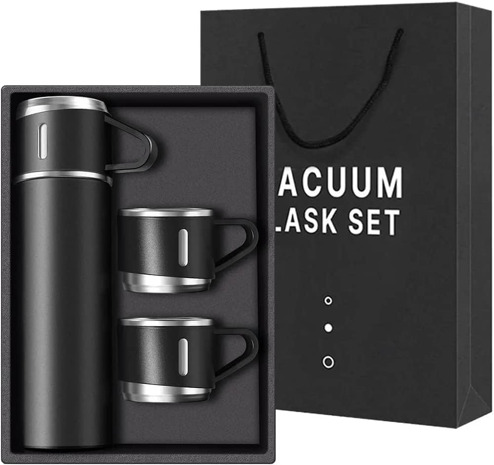 Gift Set 500ml Travel Water Bottles with 3 Mugs | Hot & Cold Thermos Flask Vacuum Insulation upto 8 hours | Stainless Steel Cups