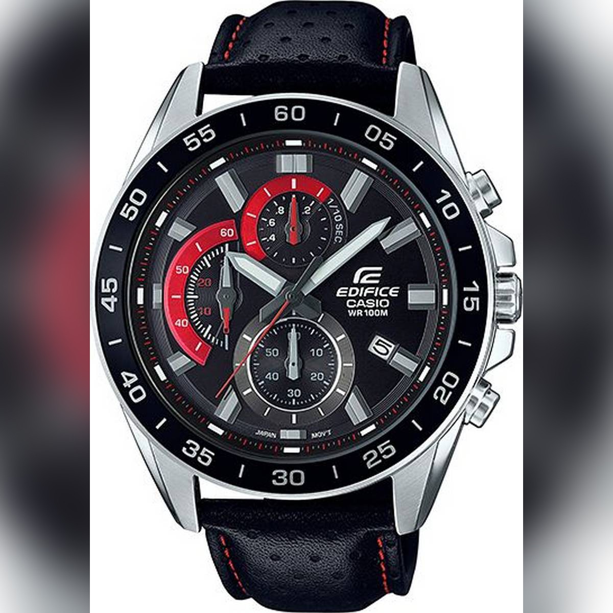Casio Edifice Mens Steel Black Bezel Black/Red Chronograph 