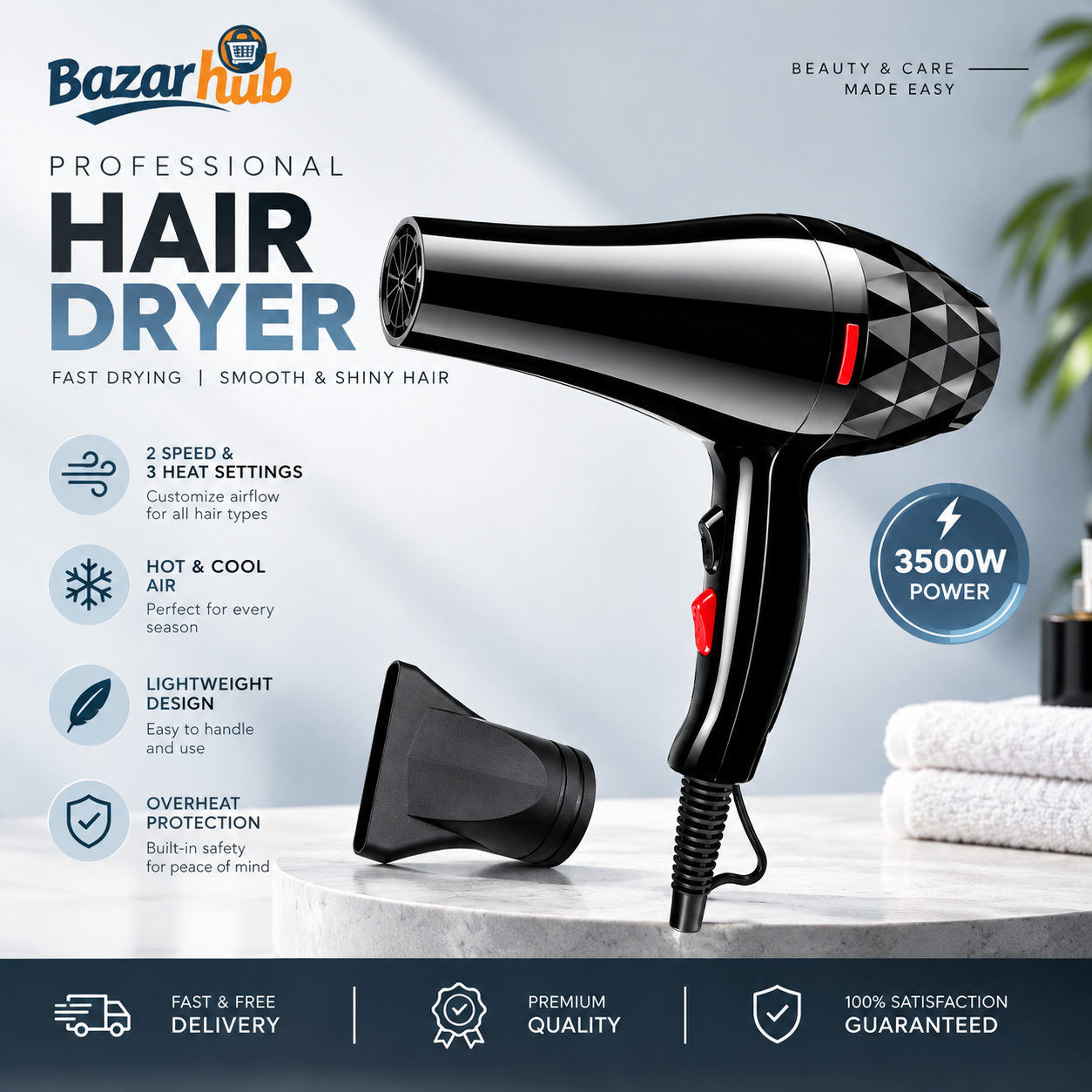 Bazaarhub Professional Hair Dryer For Women 3500W Hot & Cold 2 in 1 Fast Drying Blow Dryer Machine for Men & Women, Hair Protection Mini Portable Hair Dryer For Men with Powerful Airflow.