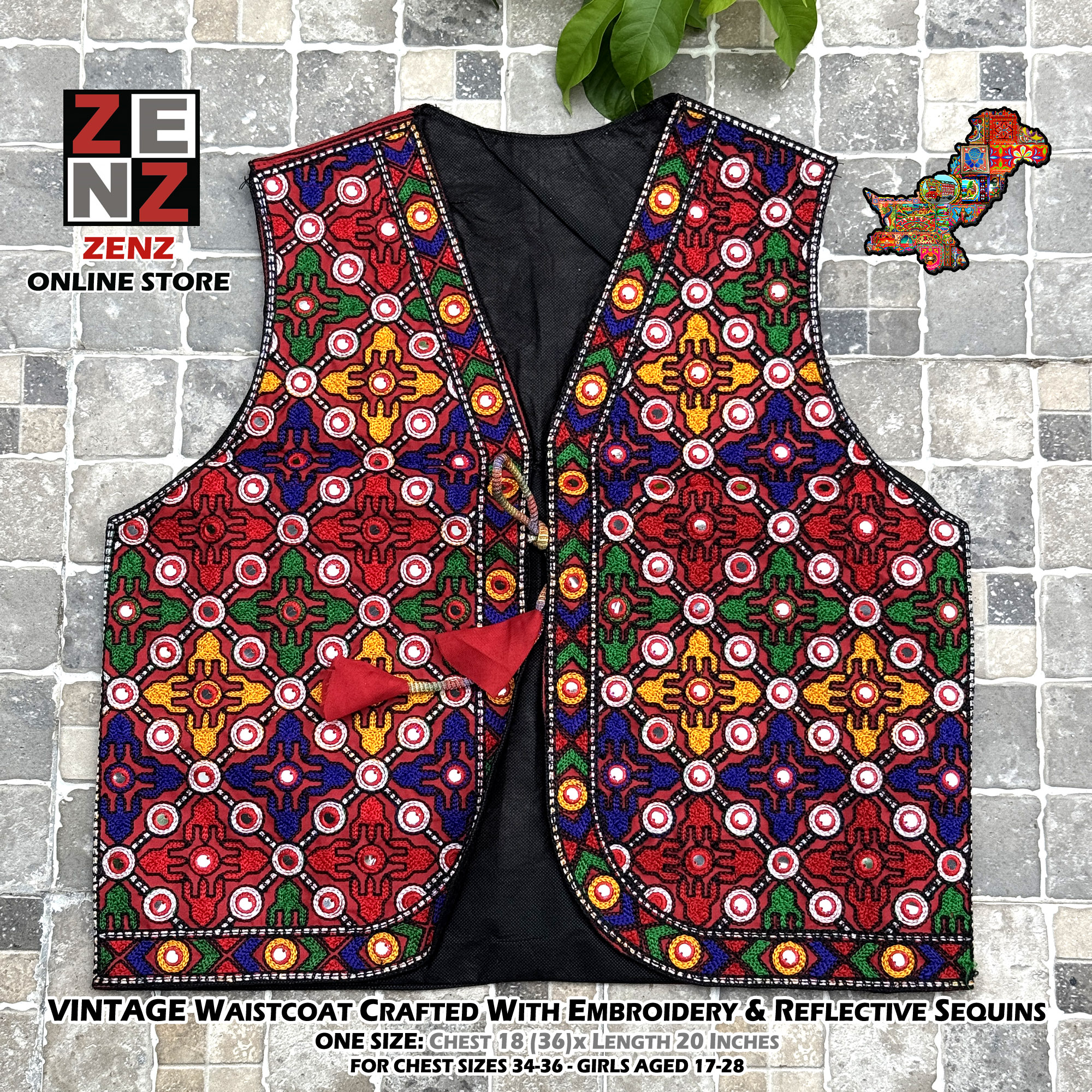 Pakistani Sindhi Balochi Kashmiri Traditional & Cultural Wear Waistcoat Koti Embroidered Zenz Multicoloured Embroidery for Girls & Women