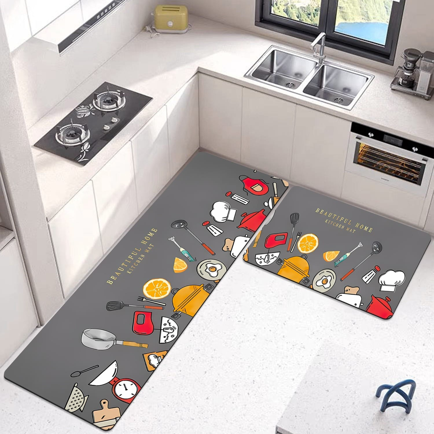 Azzin - 2pcs Kitchen Runner Mat Non Slip Super absorbent Bedroom Long Bedside Area Rug Soft Washable Carpet Bathroom Entrance Doormat