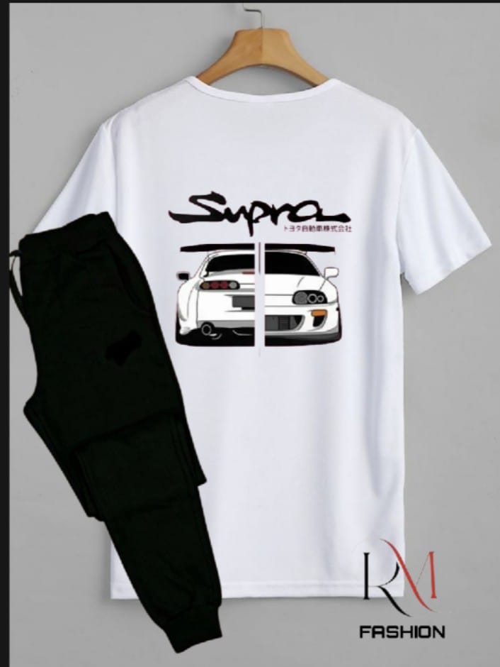 Tracksuit Cotton Fabric T-Shirt & Trouser Set for Summer Elegant Suits Gym Supra Car Printed Track Suit T shirts Pajama Casual Wear for Men And Boys