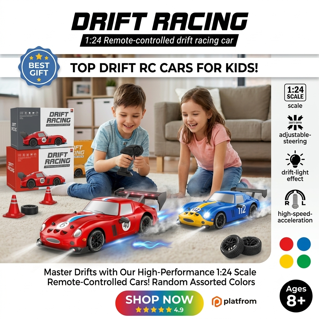 KIDDO KASTLE -  Remote Control Speed Racing 1:24 RC VINTAGE FERRARI Drift Car With LED | RC FERRARI 4x4 Drifting Car 2.4G RC Drift Car with LED Light Rechargeable Remote Control Racing Car Vehicle Replaceable Tire Competition Race Car Toy For Kids Boys