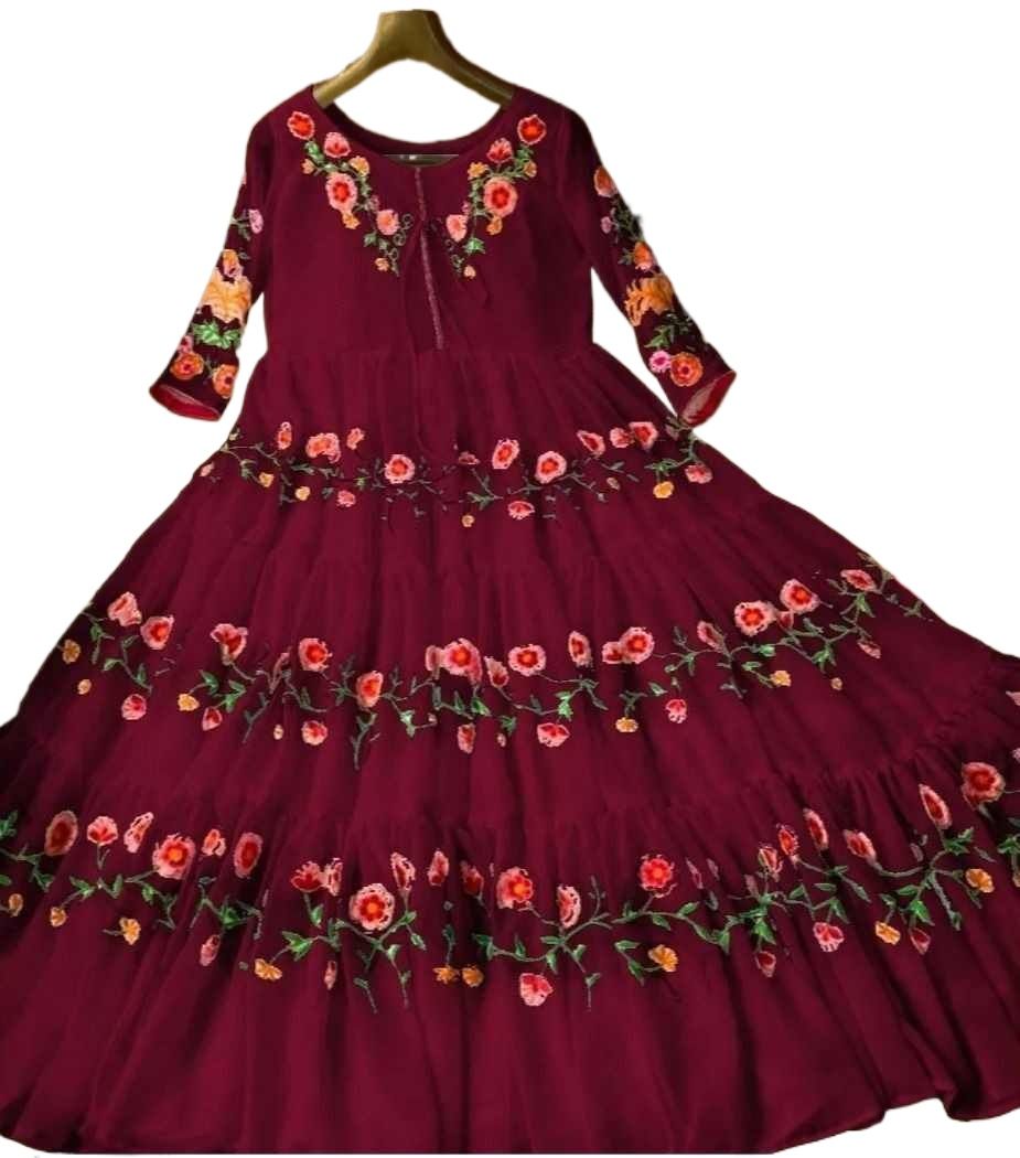 Multi-Embroidery Long Flair Maxi Dress - Chiffon with Inner Attached - Ready Made - Maxi Party Wear For Girls and Women