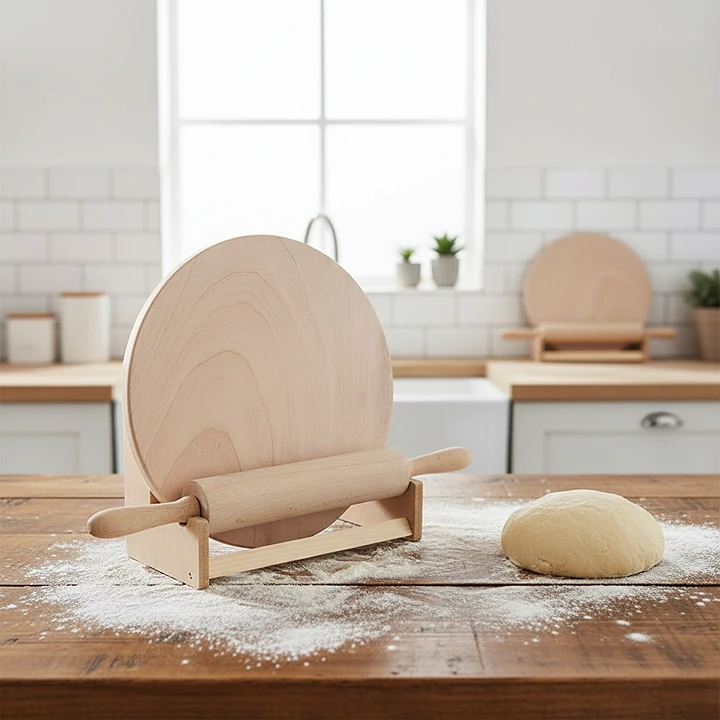 Wooden Rolling Pin and Round Board With Stand - Pure Wood Rotating ...