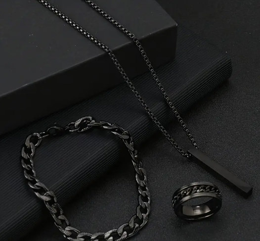 3pcs Sleek Stainless Steel Men's Jewelry Set - Black Geometric Pendant Necklace, Bracelet & Ring - Modern Casual Accessories, Ideal Valentine's Day Gift, Gift for Men|Geometric Design|Durable Accessories