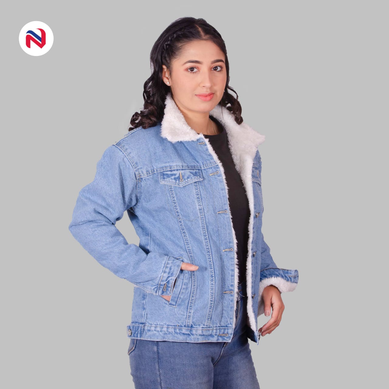 Warm Women’s Denim Fur-Trimmed Coat