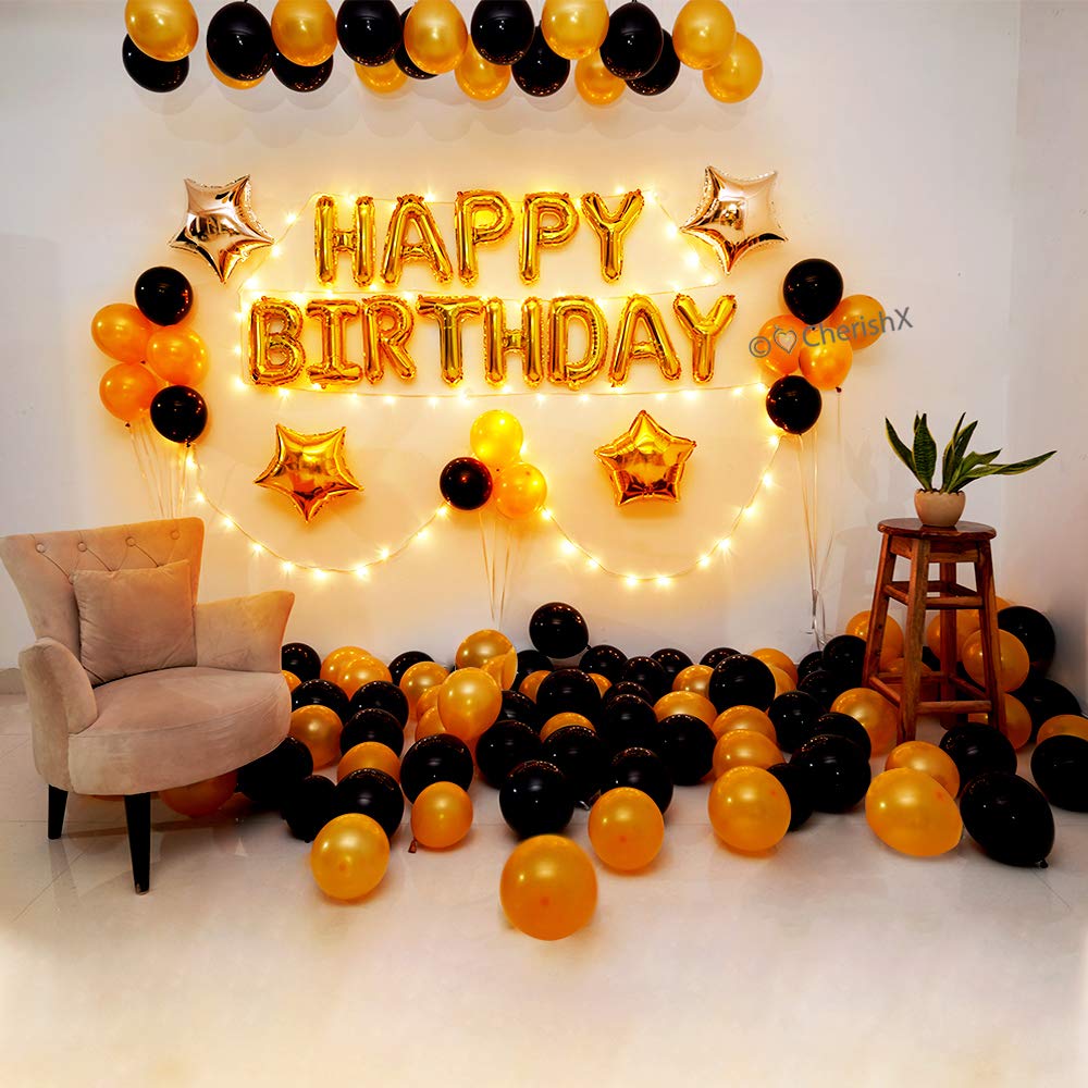 Happy Birthday Golden and Black Decoration With Combo Of Fairy Light ( Including Birthday Foil