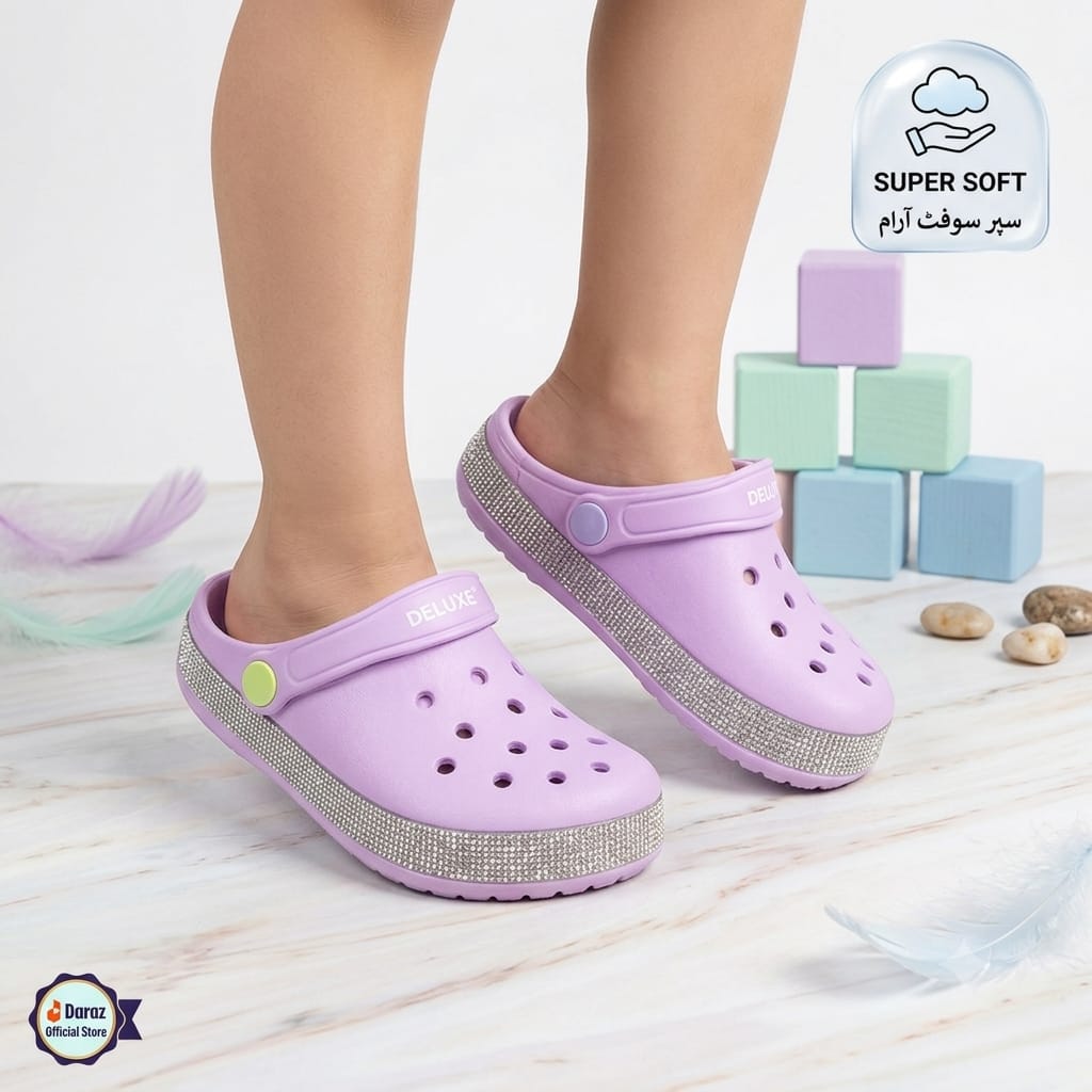 Deluxe footwear Glitter clogs for kids | Premium Light-weight crocs for girls | Super soft and comfortable slip-On Sandals for babies | Anti slippery safety sole shoes for girls