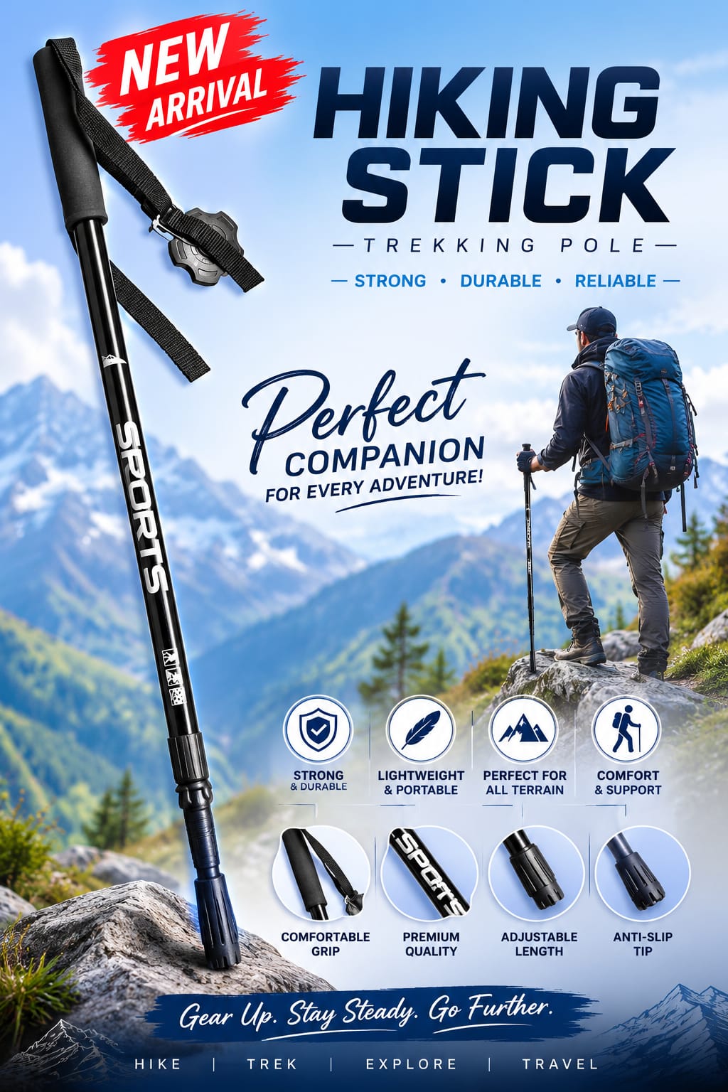 Trekking Pole - Adjustable Antishock Trekking Hiking Walking Stick
