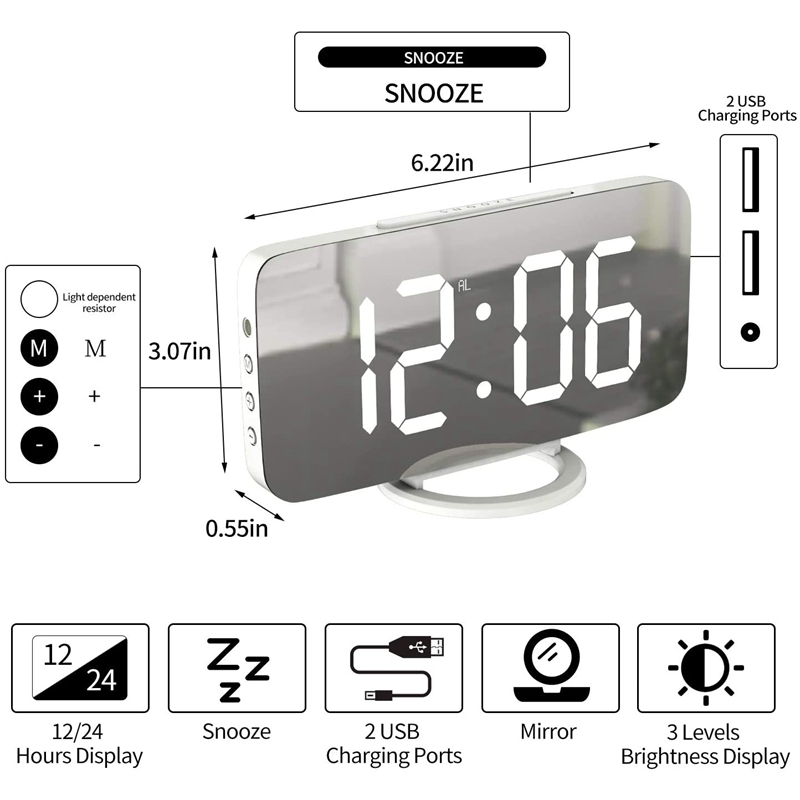 Hotel Collection Curved Display LED Clock With Dual Alarm And USB Ch ...