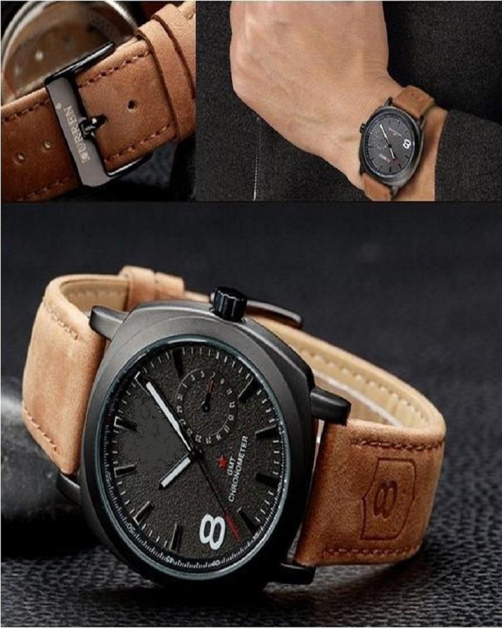 Black Dial Metal Case Brown Leather Strap Quartz Watch for Men
