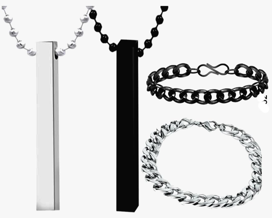 PACK OF 6 MEGA DEAL FASHION STAINLESS STEEL | BLACK 3D-BAR STICK LOCKET + TITANIUM RING + CUBAN LINK CHAIN BRACELET FOR BOYS AND GIRLS | TRENDY JEWELRY SET FOR MEN AND WOMEN