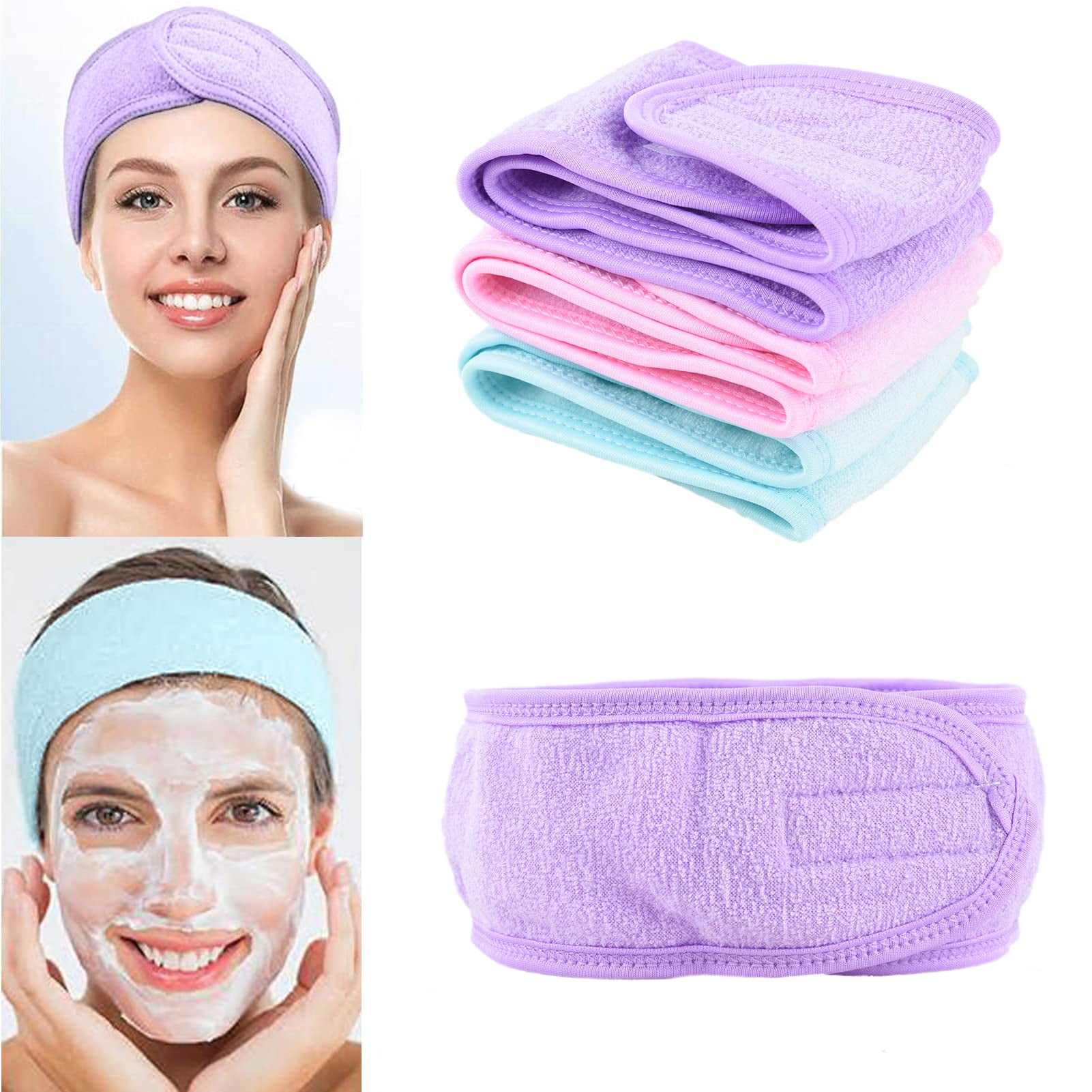 PACK OF 3 FACIAL HEADBAND | Glowing Face Soft Adjustable Makeup Toweling Hair Wrap Head Band Salon SPA Facial Headband