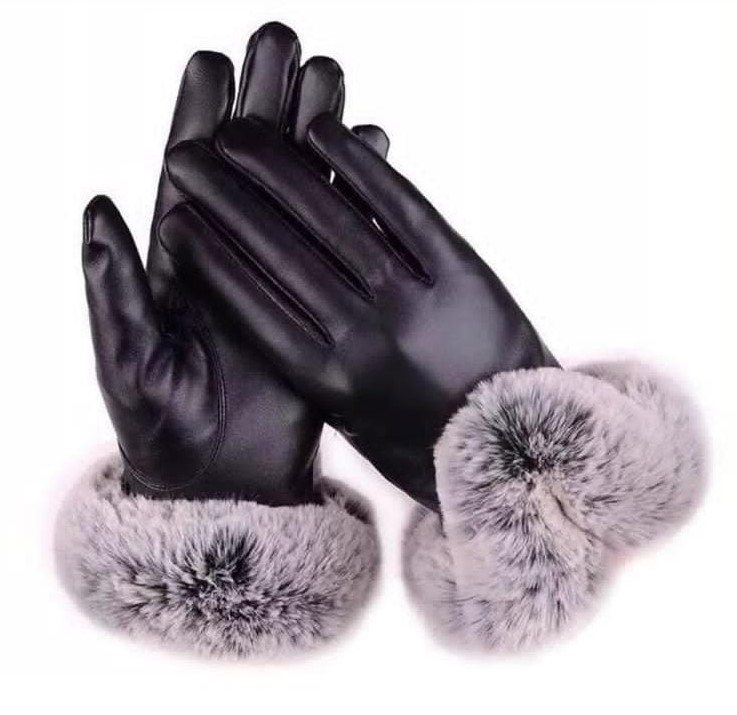 Outdoor Winter Women Windproof Faux Leather Touch Screen Full Finger Gloves with Faux Rabbit Fur Lining