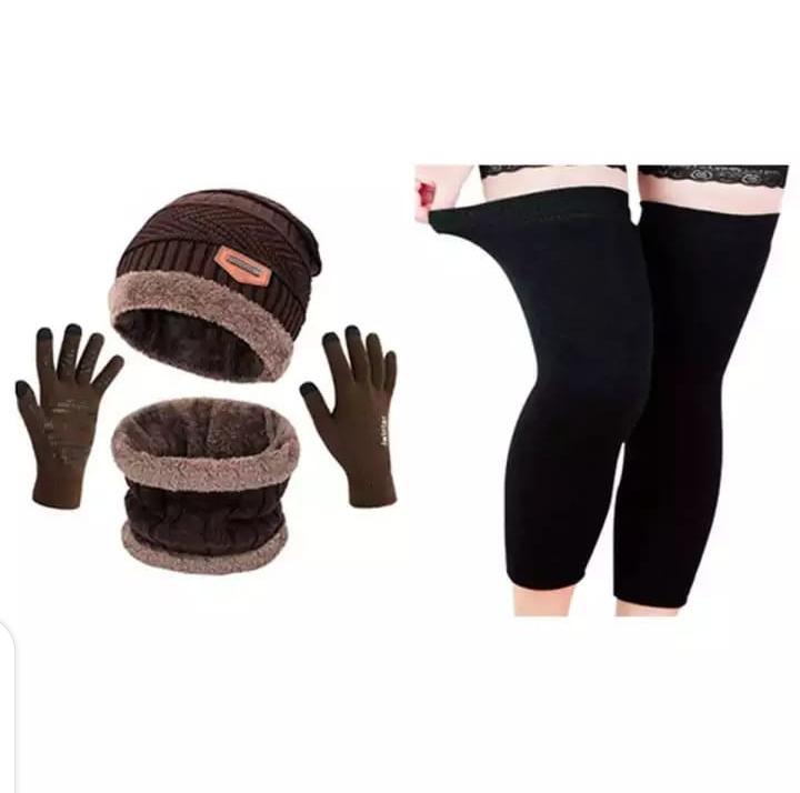 4 Piece Winter Brown Color Beanie Cap, Neck Warmer, Gloves Set & Leg Warmer- Full 4 Piece Beanie SeT |Warm & Cozy Wool Beanie Set for Men and Women Includes Neck Warmer & Face Mask | 2-Piece Brown Set Perfect for Outdoor Winter Activities, Skiing & Hiking