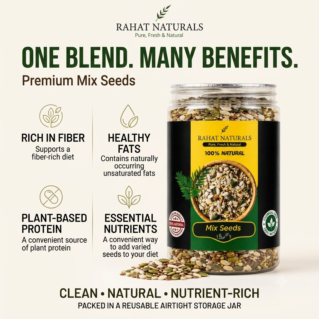 Rahat Naturals Premium Mix Seeds | 100% Natural Super Seed Blend | High Protein, Fiber & Omega 3 | Healthy Breakfast & Snack Seeds | Pumpkin, Sunflower, Flax & Sesame Seeds | Fresh & Nutritious