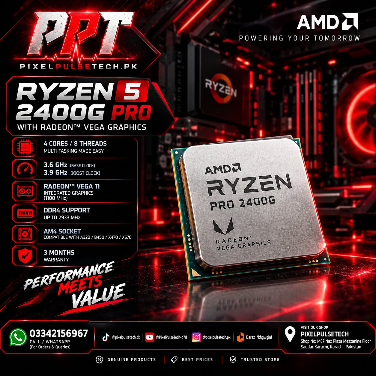 AMD Ryzen 5 2400G – 6 Core 12 Thread Desktop Processor gamming processor pixelspulsetech Tray pack