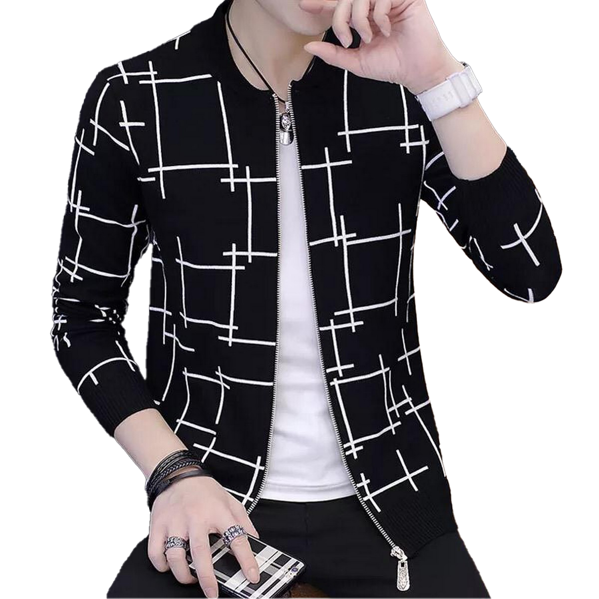 Black Lining Printed Zipper Jacket
