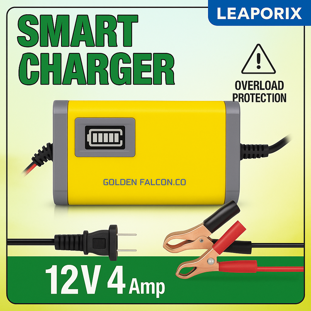 LEAPORIX SMART EZEE 12V 4Amp Battery Charger – Fast Charging with Overload Protection