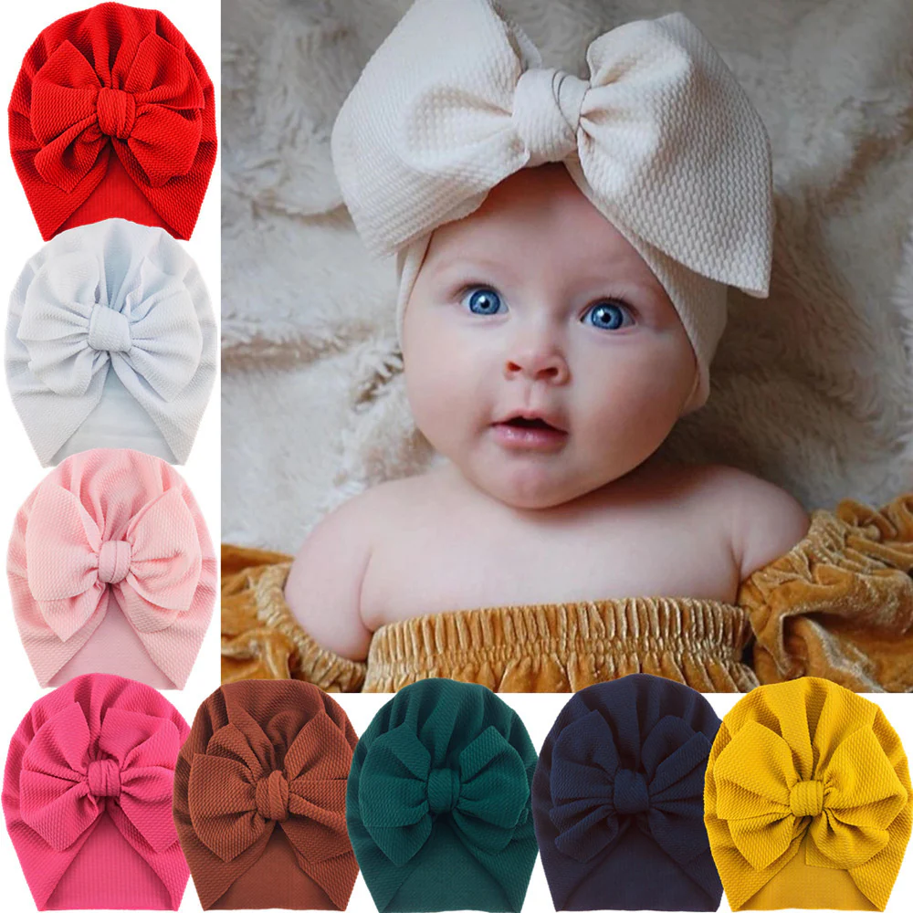 Pack of 4 Baby Random Turban Caps for Newborn & Toddler Girls | Big Bow Design | Soft Jersey Fabric | 0-3 Years | All Season Caps
