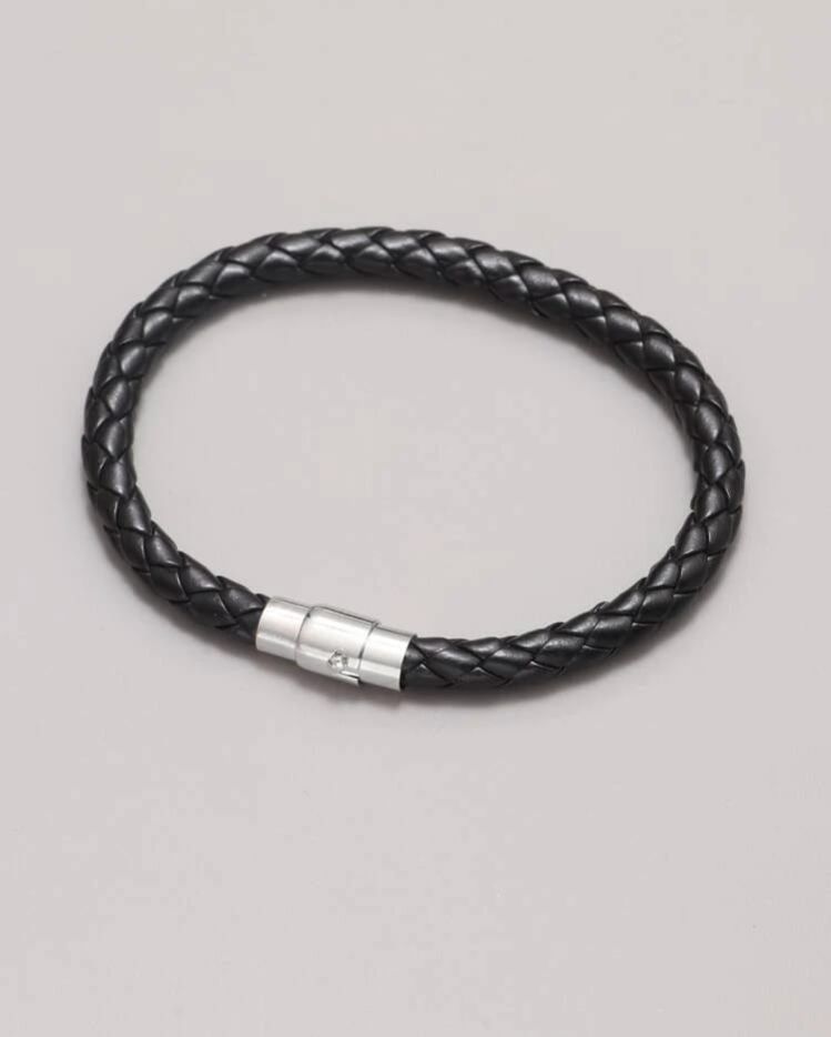 Unisex Black Stackable Woven Weave Braided Genuine Leather Bracelet Woven Bangle Bracelet for Men Teens Women Stainless Barrel Clasp