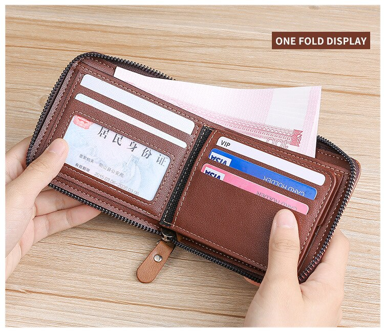 Wallet for Men Bifold Round Zipper Short Wallet for Boys Brown