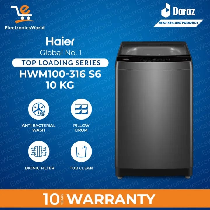 Haier Washing Machine | Model HWM 100-316 S6 | 10KG Washing Capacity Fully Automatic Top Load | Fresh Air System | Anti-Bacterial Pulsator | Pillow Drum | 10 Years Motor Warranty