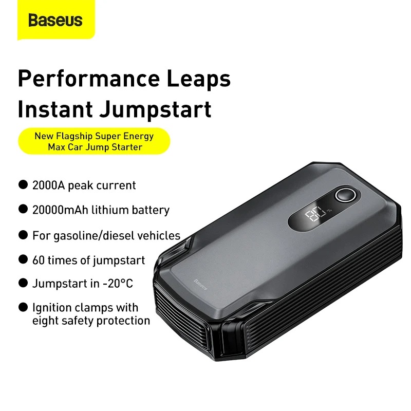 Baseus 20000mah Car Jump Starter, with Peak Current 2000A Super Energy Max Car Battery Starter, Suitable for upto 8.0L gasoline 4.0L Diesel 12V Portable Power