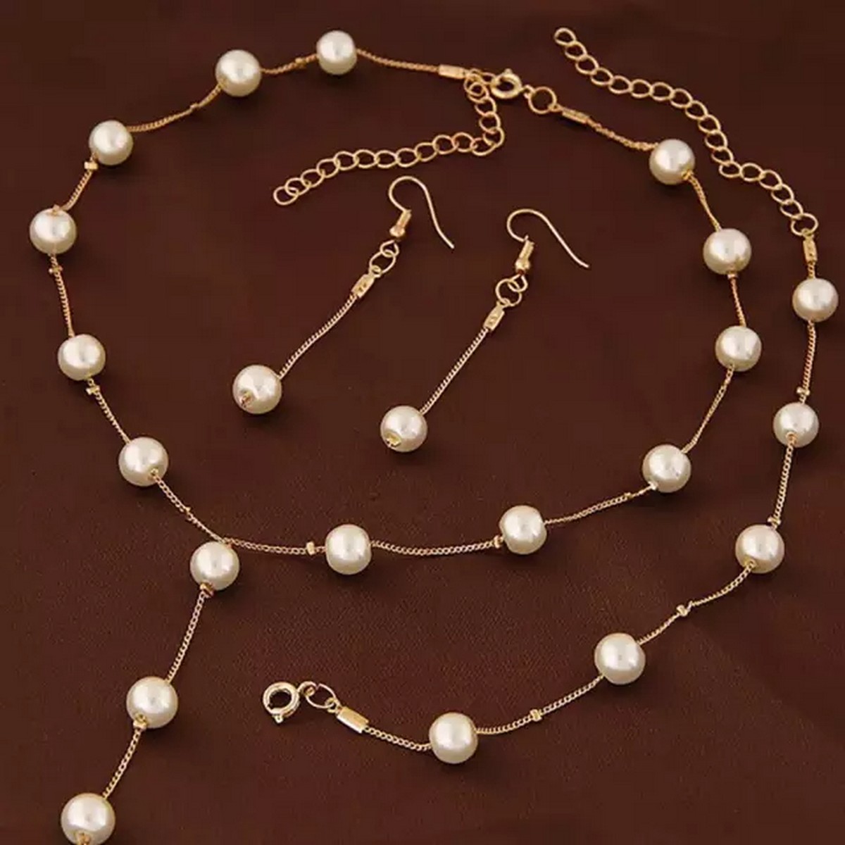 Wedding Pearl Necklace, Bracelet & Earrings Jewelry Set For Girls